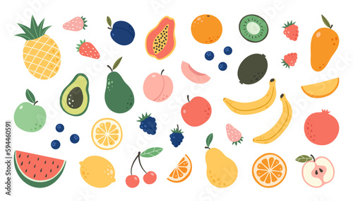 Fototapeta Naklejka Na Ścianę i Meble -  Set hand drawn colorful doodle fruits. Natural tropical fruits. Apple, peach, lemon, banana, pomegranate, pineapple, pear, avocado, plum. Organic, vegan food illustration.