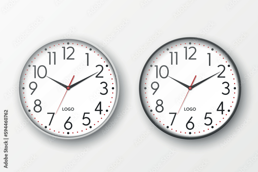 Vector 3d Realistic Round White and Black Wall Office Clock Icon Set Closeup Isolated on White Background. Wooden Watches, Design Template, Mock-up for Branding, Advertise. Front View Vector 3d Realistic Round White and Black Wall Office Clock Icon Set Closeup Isolated on White Background. Wooden Watches, Design Template, Mock-up for Branding, Advertise. Front View