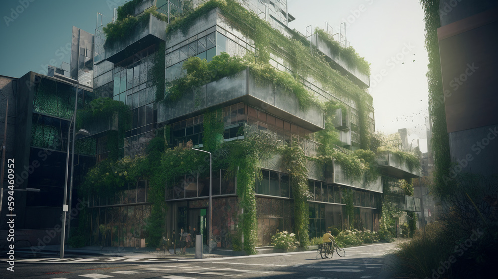 Green building facade with plants and sky background, modern urban design of residential condominium tower block with windows, eco-friendly architecture for sustainable city living, generative AI.