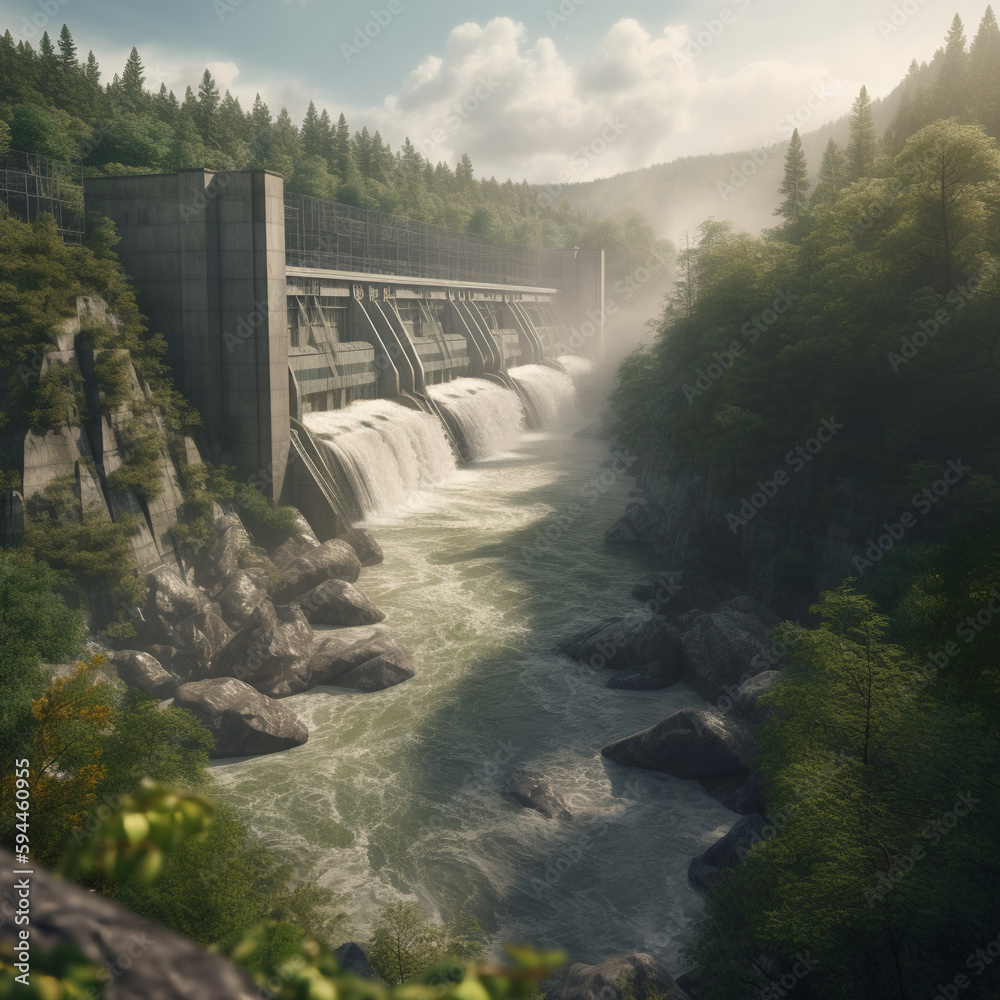 Hydroelectric dam with cascading water, natural landscape with trees and waterfall, fluvial landforms of streams, generative AI.