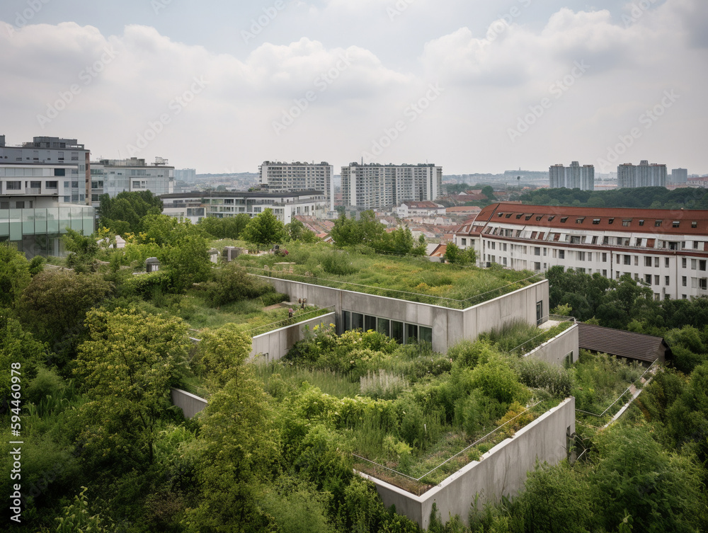 Green rooftop garden on a tower block building with cityscape view, plants and windows, urban design, eco-friendly, generative AI. Green rooftop garden on a tower block building with cityscape view, plants and windows, urban design, eco-friendly, generative AI.