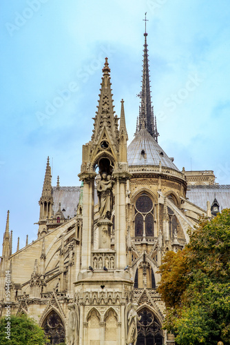 Paris. Notre-Dame de Paris, a cathedral located on the island Ile de la Cite in the Seine River. French Gothic architecture.Flying buttresses.