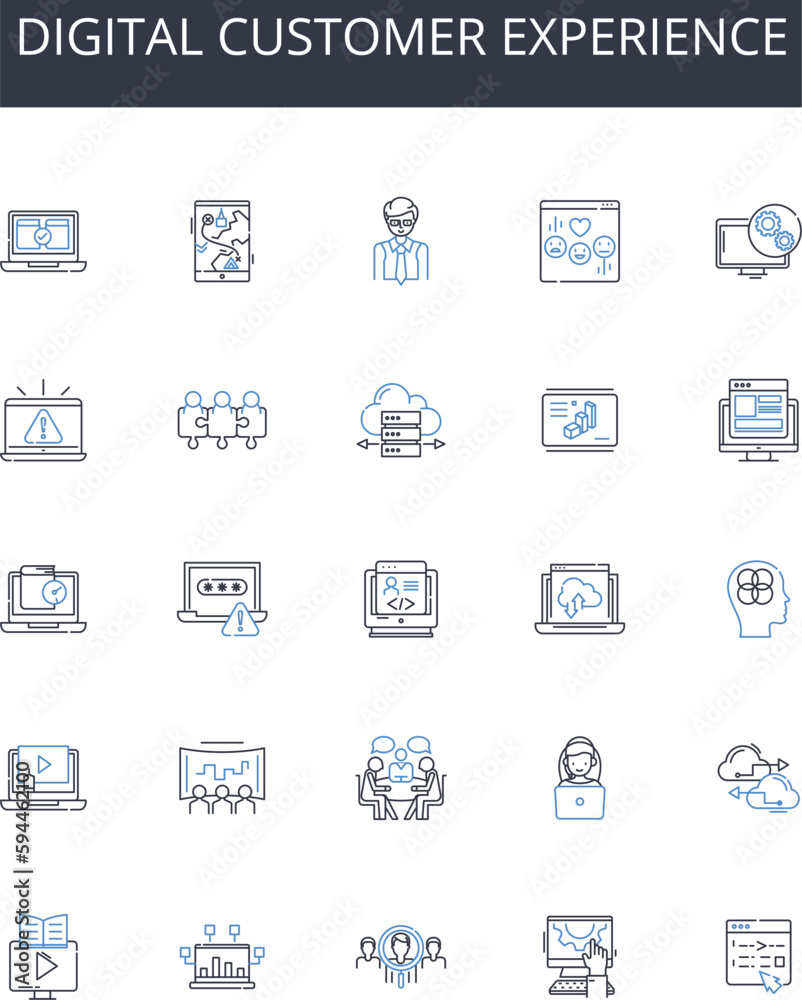 Digital customer experience line icons collection. Social marketing, Mobile advertising, Online engagement, Digital interface, Web branding, E-commerce, Virtual outreach vector and linear illustration