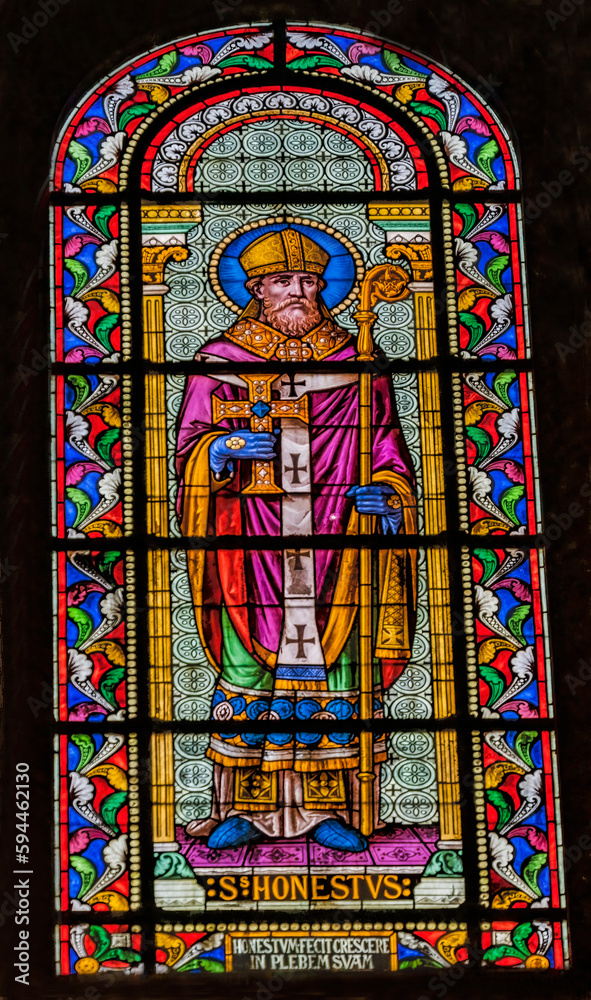 Saint Honestus stained glass, Nimes Cathedral, Gard, France. Church created 1100 AD. Born in Nimes killed 245 AD