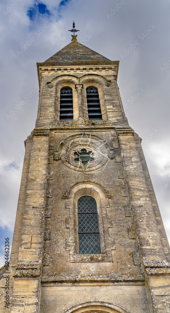 Exterior steeple, Saint Laurent Church, Longues-sur-Mer, Normandy, France.