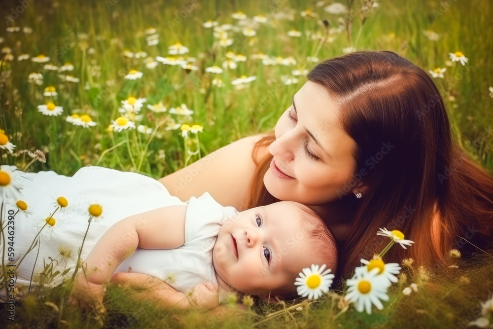 Young mother with cute little baby cuddling in a meadow with meadow flowers. High quality generative ai Young mother with cute little baby cuddling in a meadow with meadow flowers. High quality generative ai