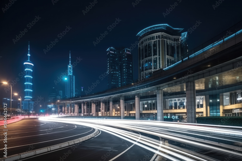 Car tracks in modern city night scene.