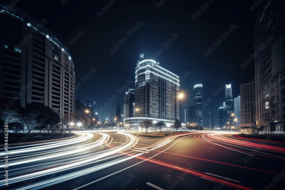 Car tracks in modern city night scene.