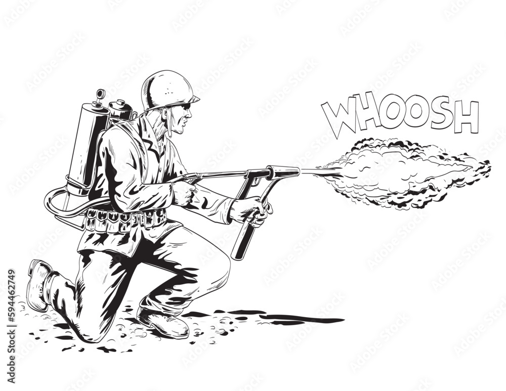 Comics style drawing or illustration of a World War Two American GI soldier firing a bazooka or