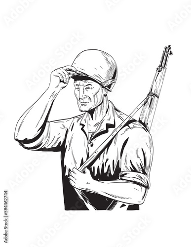 Comics style drawing or illustration of a World War Two American GI soldier tipping lifting his helmet viewed from side on isolated background done in black and white retro style.