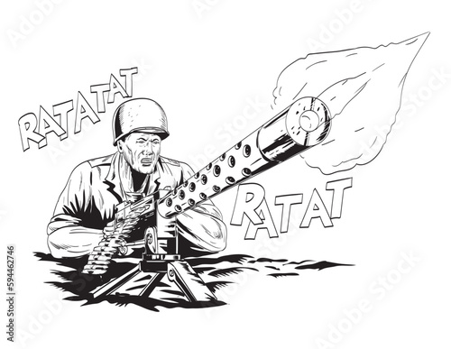 Comics style drawing or illustration of a World War Two American GI soldier aiming firing a machine gun viewed from front on low angle on isolated background done in black and white retro style.