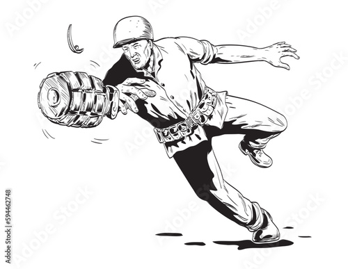 Comics style drawing or illustration of a World War Two American GI soldier throwing hand grenade viewed from front on isolated background done in black and white retro style.