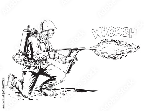 Comics style drawing or illustration of a World War Two American GI soldier firing a bazooka or stovepipe rocket launcher side view  on isolated background done in black and white retro style.