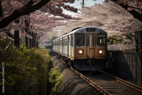 Cherry blossoms bloom along the railway line in Kyoto, Japan, and the scenery of local trains running on the rails.