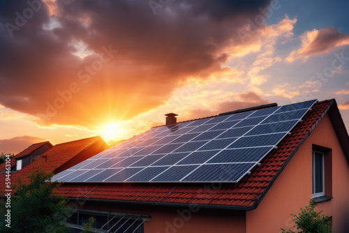 Photovoltaic photo of solar panels on the red roof of the house