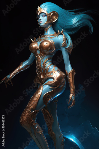 Beautiful alien girl, alien princess wearing golden armor, Fantasy creation. Generative AI illustration © innluga
