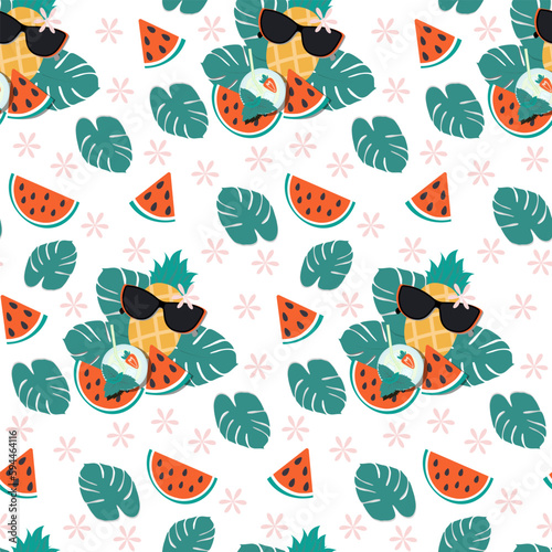 Bright seamless summer pattern of pineapple in sunglasses, watermelon slices and cocktail with mint