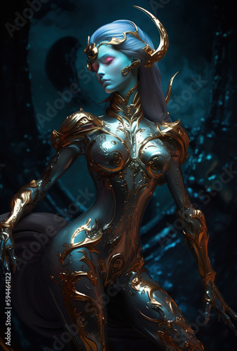 Beautiful alien girl, alien princess wearing golden armor, Fantasy creation. Generative AI illustration