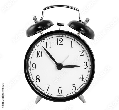 Black vintage old style alarm clock isolated on white background