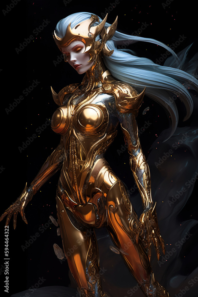 Beautiful alien girl, alien princess wearing golden armor, Fantasy creation. Generative AI illustration