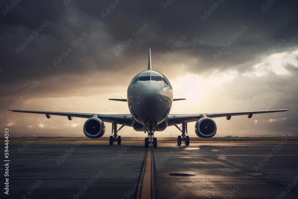 Commercial aircraft taxiing on runway under dramatic sky. Commercial aircraft taxiing on runway under dramatic sky.