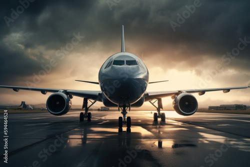 Commercial aircraft taxiing on runway under dramatic sky.