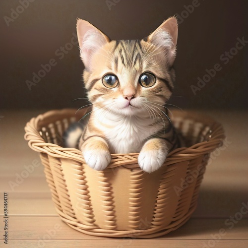 A cute stripped cat sitting in a basket AI generated  © Nikita