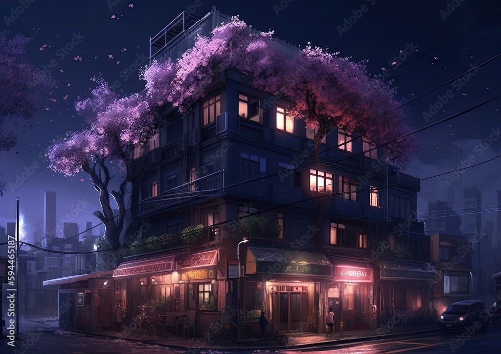 A Purple Tree next to buildings at night Generative Ai