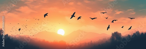 Abstract beautiful peaceful summer sky background; sunrise new day and flying flock of birds. AI generative