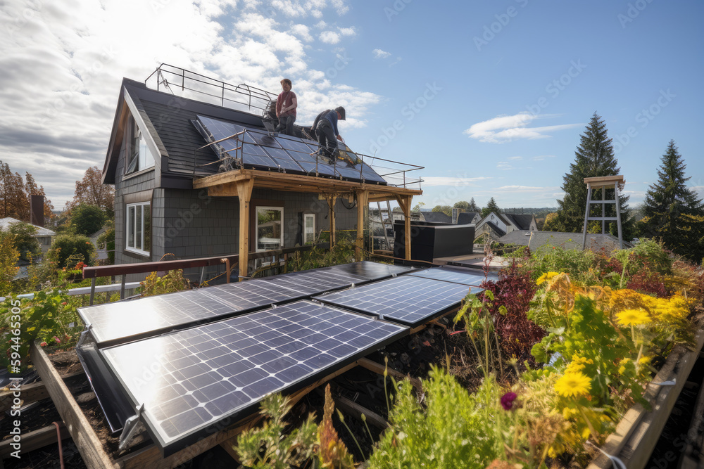Naklejka premium Workers are laying solar panels on the roof.