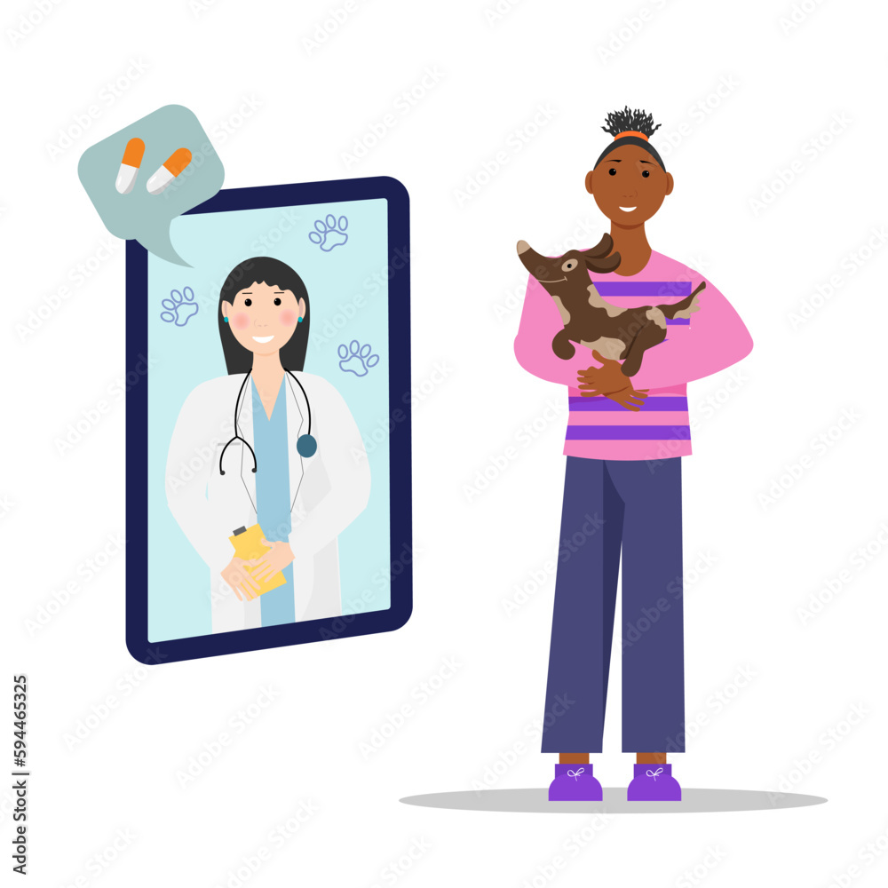 Online medicine for animals. A black girl consults a doctor. Vector illustration. For flyers, covers, advertising, posters, veterinary clinics and shops, volunteer shelters. People and animals. Online medicine for animals. A black girl consults a doctor. Vector illustration. For flyers, covers, advertising, posters, veterinary clinics and shops, volunteer shelters. People and animals.