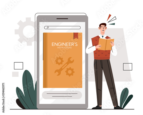 Operating instructions concept. Man with book stands near smartphone. Technical support and correction of errors in code. Manual and guide, knowledge and information. Cartoon flat vector illustration