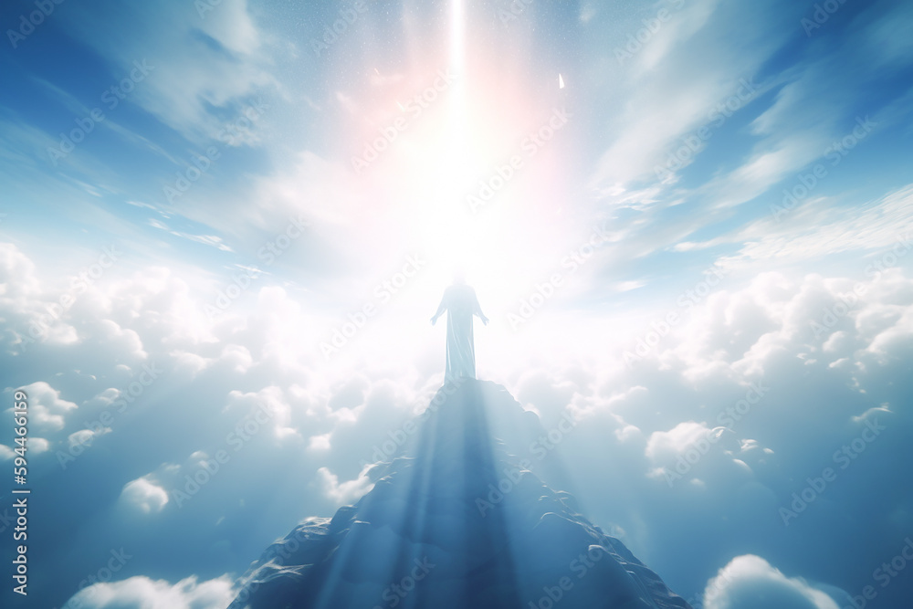 Fototapeta premium An image of an angel with outstretched hands, enveloped in dazzling light and ascending to the heavens. Generative AI 