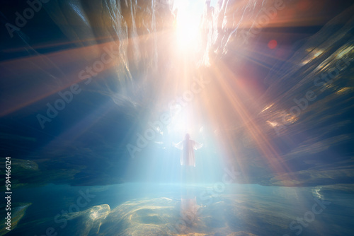 An image of an angel with outstretched hands, enveloped in dazzling light and ascending to the heavens. Generative AI 