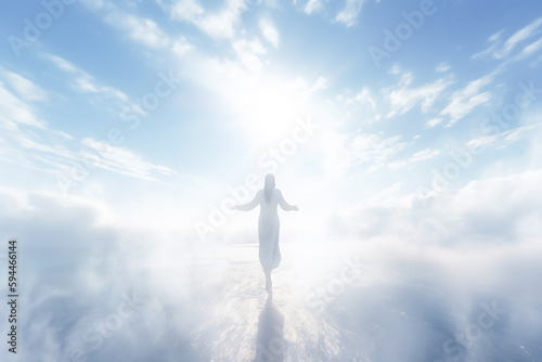 An image of an angel with outstretched hands, enveloped in dazzling light and ascending to the heavens. Generative AI 