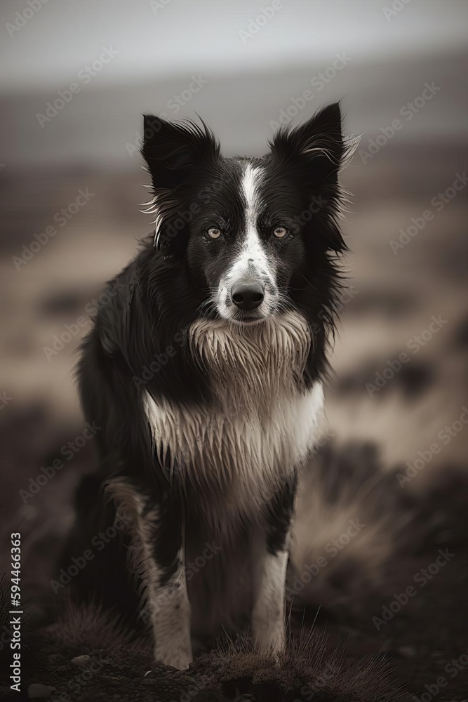 Black and White Dog in Field Portrait. AI Generated