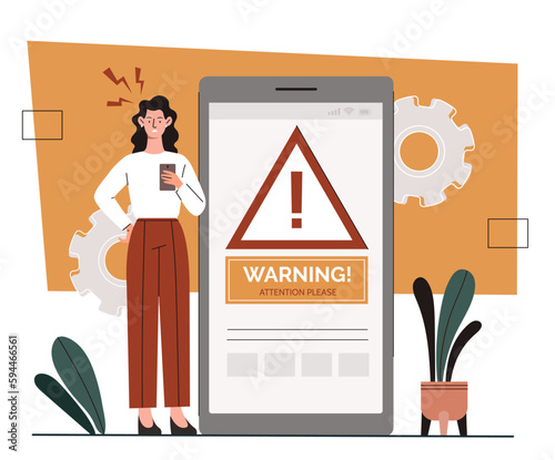 Warning at smartphone screen. Notification of technical issue or potential hacker attack. Mobile application and software, antivirus. Insecure messaging spam. Cartoon flat vector illustration