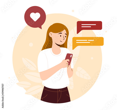 Woman using smartphone. Communication and interaction on Internet. Chat in messengers and social networks, smartphone addiction. Active gadget user. Cartoon flat vector illustration