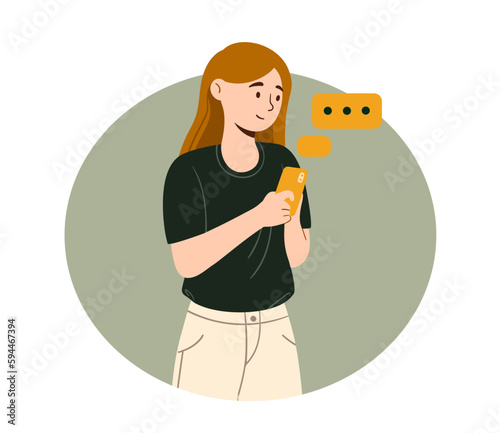 Woman chatting at phone. Young girl with smartphone in her hands communicates in social networks and instant messengers. Writes comments and articles, SMS. Cartoon flat vector illustration