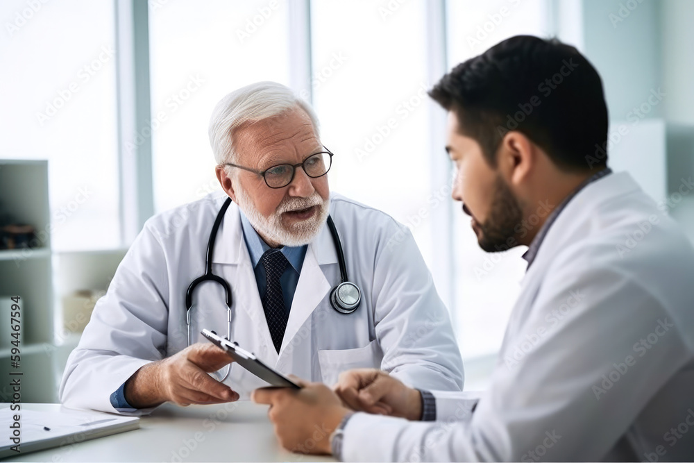 Older doctor lecturing a younger student doctor, high quality generative ai Older doctor lecturing a younger student doctor, high quality generative ai