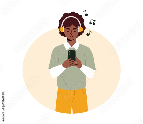 Man at headphones with phone. Young guy with smartphone in his hands stands and listens to music. Music lover listens to his favorite playlist with songs. Cartoon flat vector illustration