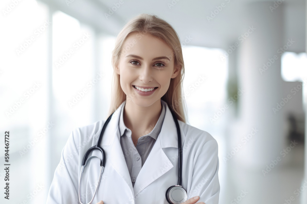 Portrait of a confident smiling female doctor with stethoscope at hospital, high quality generative ai