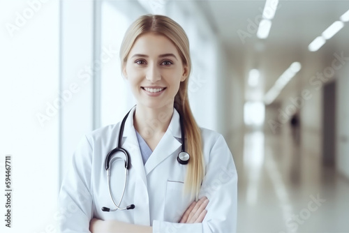 Portrait of a confident smiling female doctor with stethoscope at hospital, high quality generative ai