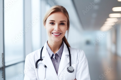 Portrait of a confident smiling female doctor with stethoscope at hospital, high quality generative ai
