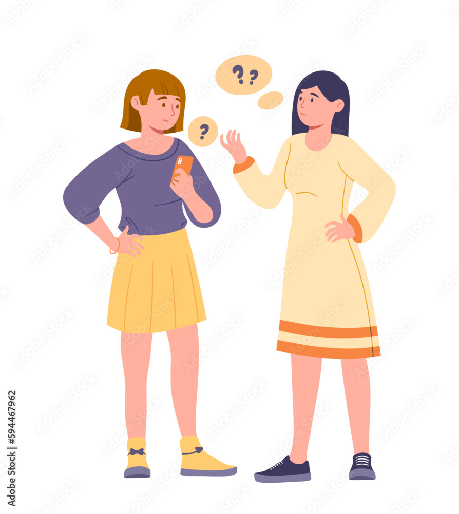 Two girls thinking. Schoolchildren and teenagers with smartphone looking for information and answers on Internet. Communication and interaction, brainstorming. Cartoon flat vector illustration