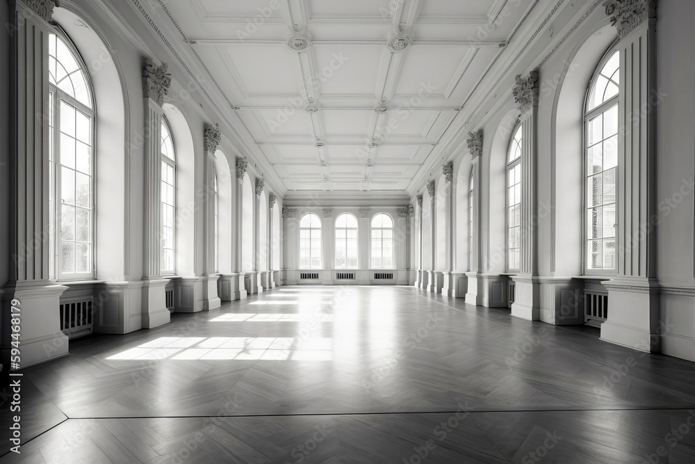 A large room with large windows and a large room with a large floor