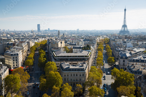Picturesque panoramic view of Paris with Eiffel Tower from roof of Triumphal Arch, France © JackF