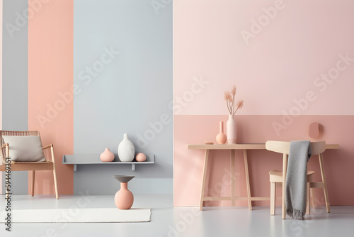 Interior of a modern room with pink and blue walls, concrete floor, wooden table and chairs, ceramic vases on shelf, generative, AI, Generative AI.
