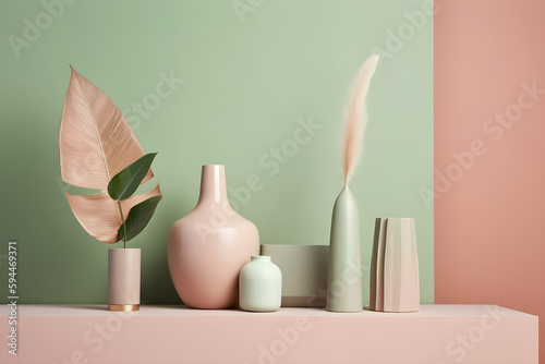Minimalistic still life composition in pastel pink and green colors, ceramic vases with a feather and plant on shelf, interior design, generative, AI, Generative AI.