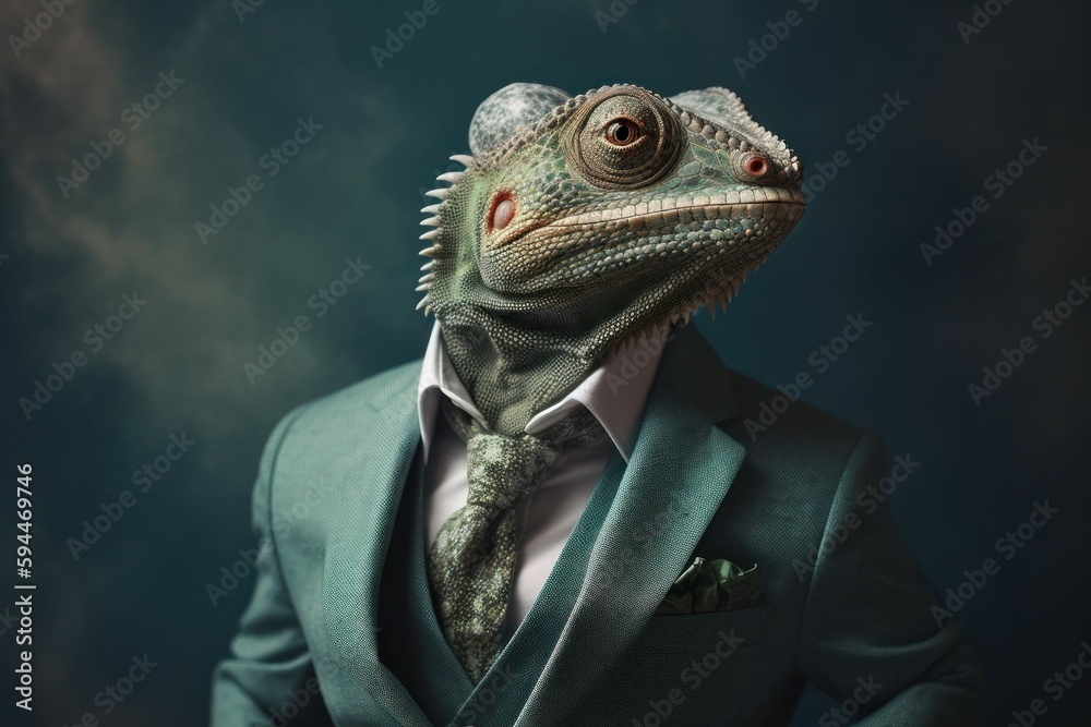 Anthropomorphic chameleon dressed in a suit like a businessman. business concept. AI generated, human enhanced Anthropomorphic chameleon dressed in a suit like a businessman. business concept. AI generated, human enhanced